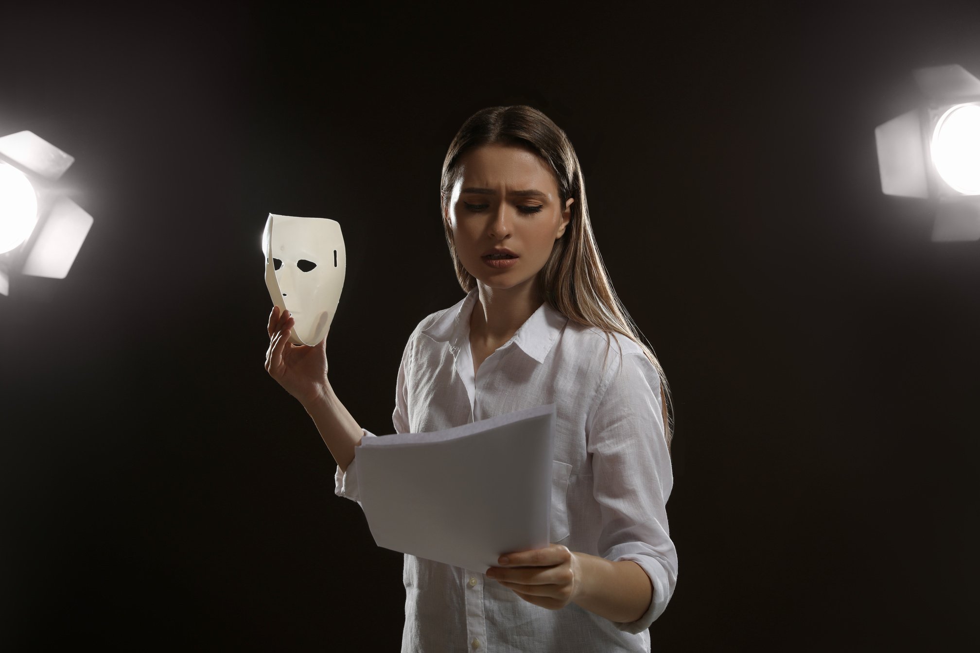 Professional Actress Rehearsing on Stage in Theatre